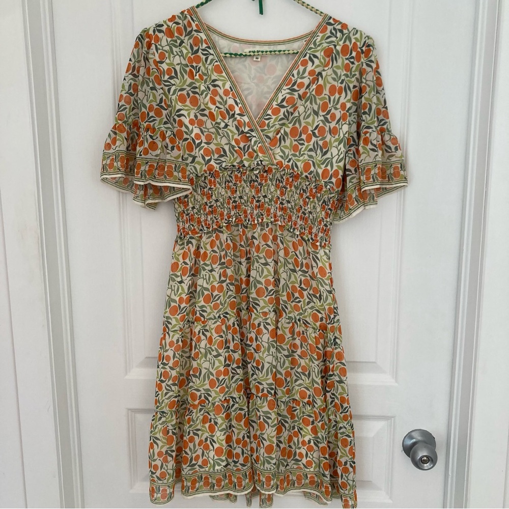Max Studio Orange and Green Floral Fruit Midi Dress XSmall Summer Fun Girly